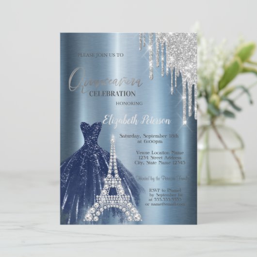 Druppels, Blauwe jurk, Eiffel Metallic Quinceañera Kaart (Staand voorkant)