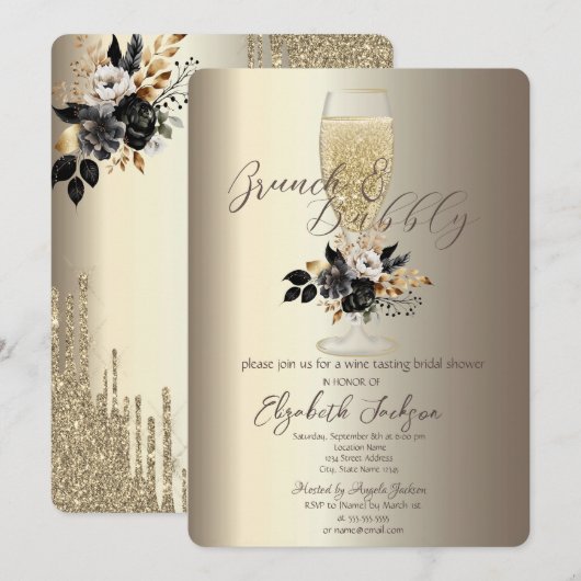 Druppels Glas Zwart Rozen Champagne Brunch & Bubbl Kaart (Voorkant / Achterkant)