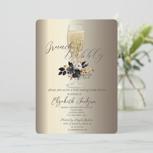 Druppels Glas Zwart Rozen Champagne Brunch & Bubbl Kaart (Staand voorkant)