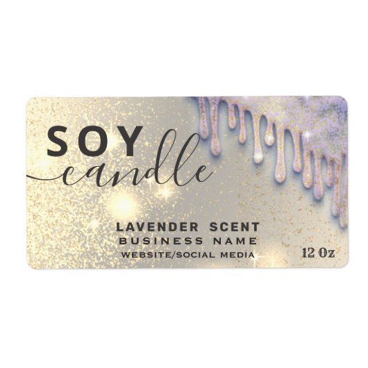 Druppels glinsteren glitterend script soja kaars l etiket (Voorkant)