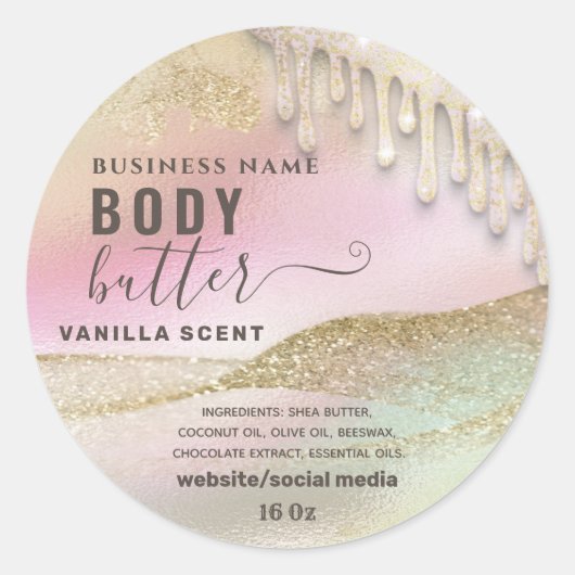 Druppels glinsteren holografisch script body butte ronde sticker (Voorkant)