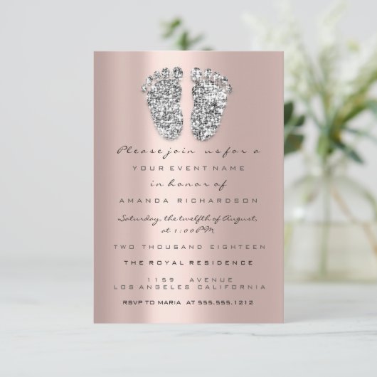 Druppels Glitter Baby Shower Voeten Roze Grijs Mei Kaart (Staand voorkant)