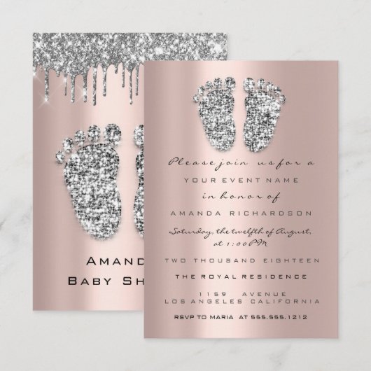 Druppels Glitter Baby Shower Voeten Roze Grijs Mei Kaart (Voorkant / Achterkant)