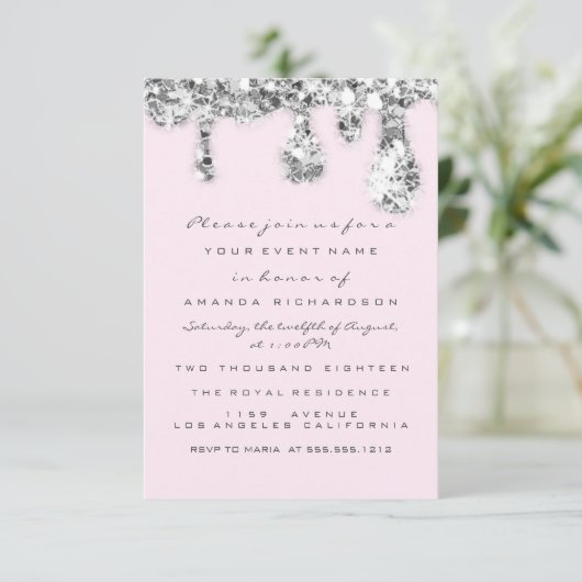 Druppels Grijs Roze Zilver Glitter Bruids Sweet 16 Kaart (Staand voorkant)