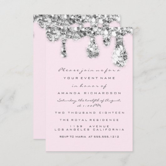 Druppels Grijs Roze Zilver Glitter Bruids Sweet 16 Kaart (Voorkant / Achterkant)