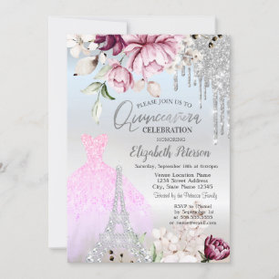 Druppels, Jurk, Eiffeltoren Sering Rozen Quinceañe Kaart