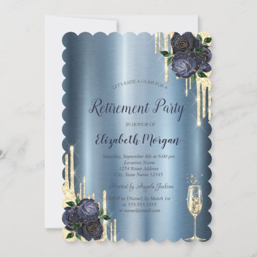 Druppels, Marineblauwe Rozen Metallic Pensioen Kaart (Voorkant)