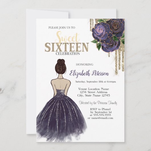 Druppels, Paarse Jurk, Rozen Sweet 16 Kaart (Voorkant)