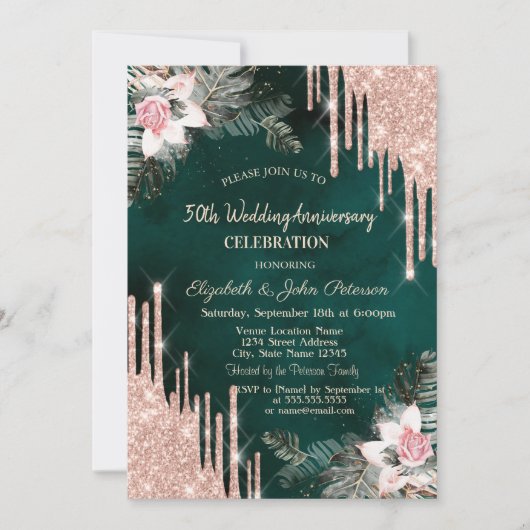 Druppels, palmbladeren, Rozen groen bruiloft Jubil Kaart (Voorkant)