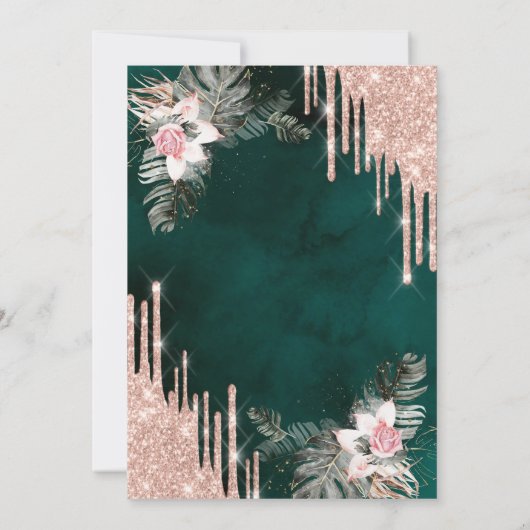 Druppels, palmbladeren, Rozen groen bruiloft Jubil Kaart (Achterkant)