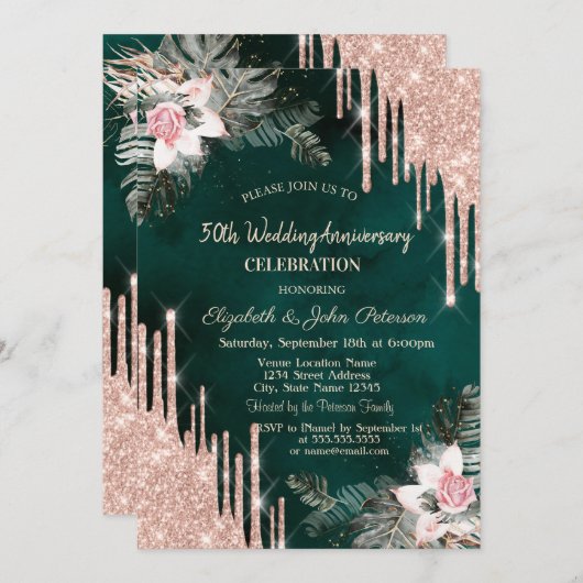 Druppels, palmbladeren, Rozen groen bruiloft Jubil Kaart (Voorkant / Achterkant)