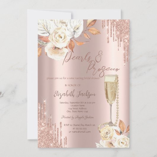 Druppels Parels Prosecco Boho Rozen Bruiloft Feest Kaart (Voorkant)
