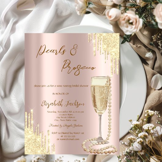 Druppels Parels Prosecco Roze Goud Bruiloft Kaart