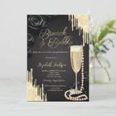 Druppels Parels Prosecco Zwarte Rozen Bruidsdouche Kaart (Staand voorkant)