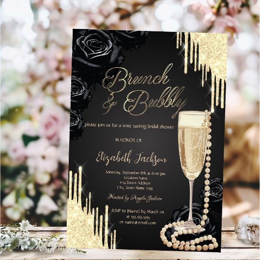 Druppels Parels Prosecco Zwarte Rozen Bruidsdouche Kaart