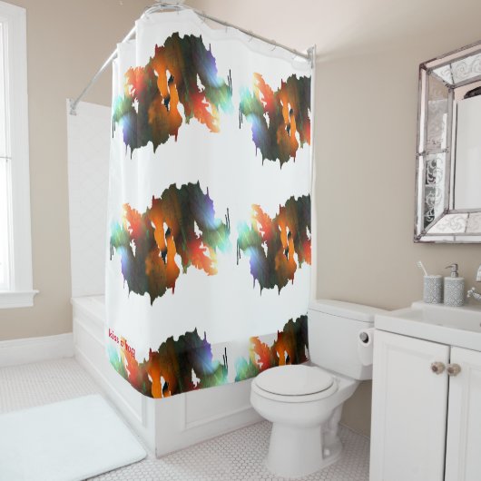 Druppelverf en penselen douchegordijn (In situ)
