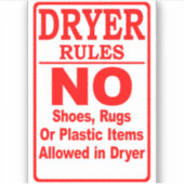 'Dryer Rules No Plastic' Wasserette Rode Sticker (Voorkant)
