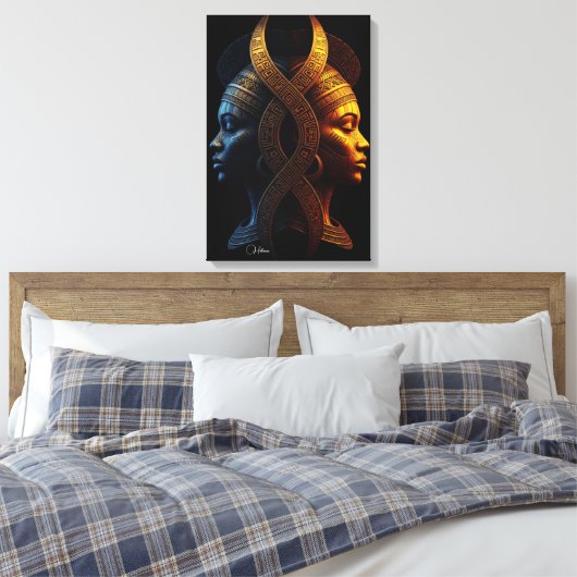 Dual Faces – Modern Afrofuturism Geometric Abstrac Canvas Afdruk (Insitu (Slaapkamer))