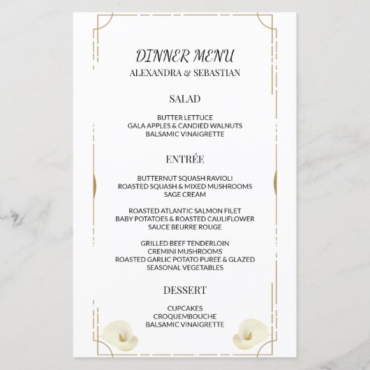Dual Greenery Calla Lily Wedding Dinner Menu (Voorkant)