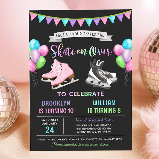 Dual Ice Skating Birthday Invitation Kaart