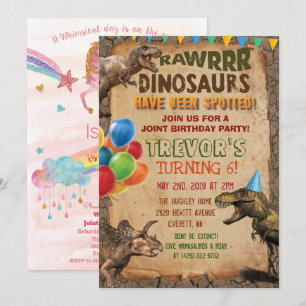 DUAL INVITE - Eenhoorn en Dinosaurus Verjaardag Ui Kaart