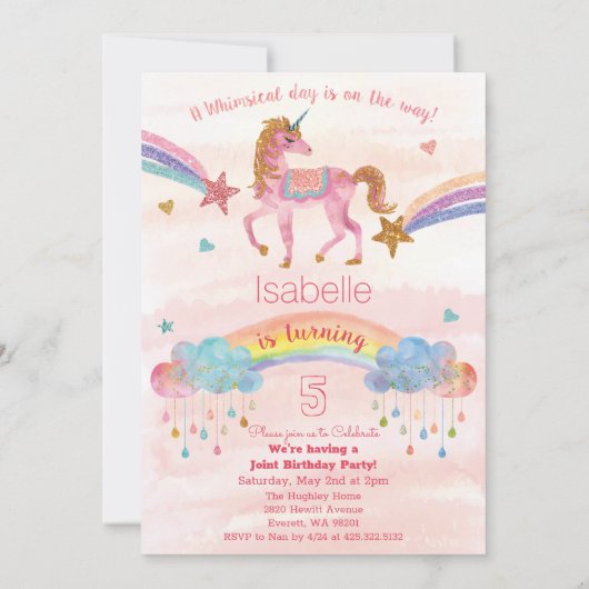 DUAL INVITE - Eenhoorn en Dinosaurus Verjaardag Ui Kaart (Achterkant)