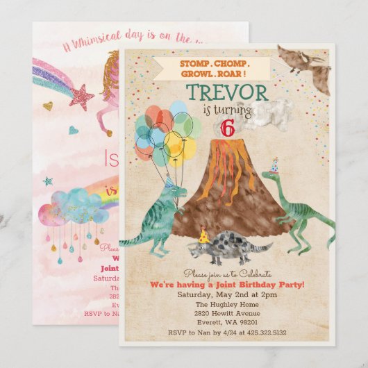DUAL INVITE - Eenhoorn en Dinosaurus Verjaardag Ui Kaart (Voorkant / Achterkant)