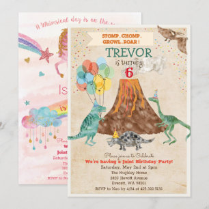 DUAL INVITE - Eenhoorn en Dinosaurus Verjaardag Ui Kaart