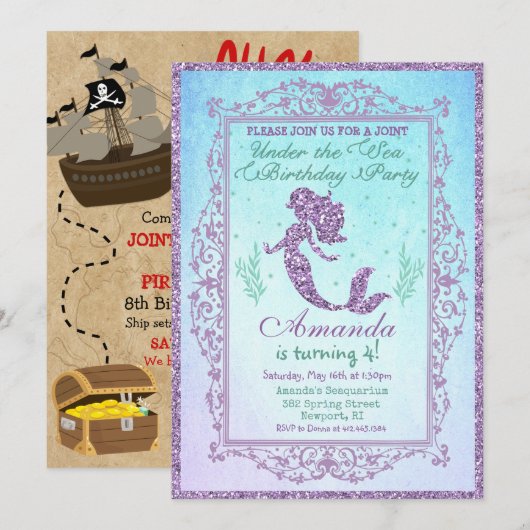 DUAL INVITE - Zeemeermin en Piraat Verjaardag Uitn Kaart (Voorkant / Achterkant)