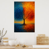 Dual Seasons Tree — Vibrant Blue & Orange Art Poster (Keuken)
