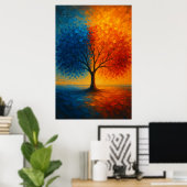 Dual Seasons Tree — Vibrant Blue & Orange Art Poster (Thuiskantoor)