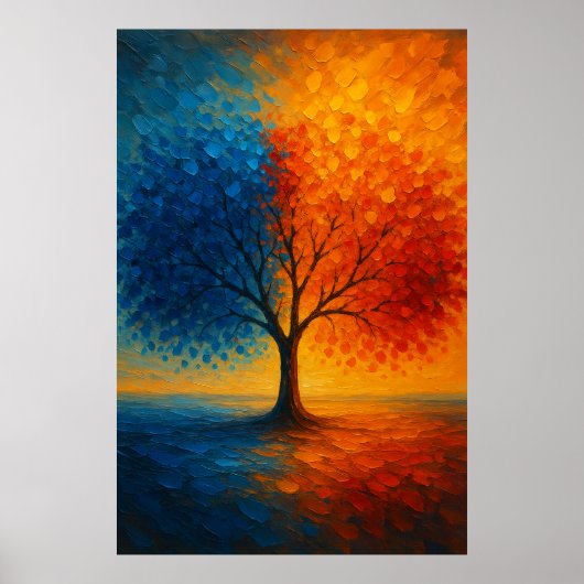 Dual Seasons Tree — Vibrant Blue & Orange Art Poster (Voorkant)