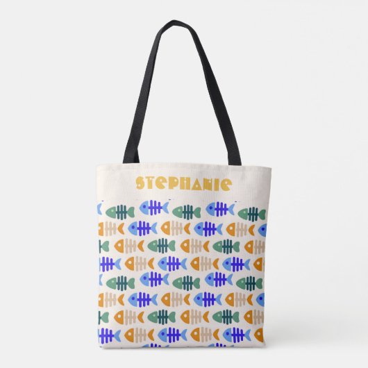Dual Tone Schattigee Fish Bone Patroon Naam Tote Bag (Achterkant)