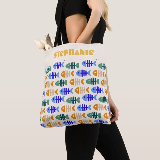 Dual Tone Schattigee Fish Bone Patroon Naam Tote Bag (Dichtbij)