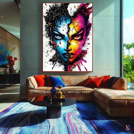 Dualiteit Ontketend – Intens Abstract Gezichtskuns Poster