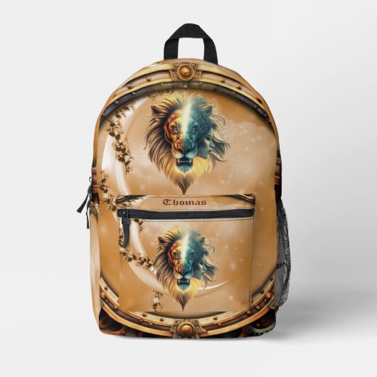 Dualiteit van kracht, de leeuw en de vrouw. bedrukte rugzak (Voorkant)