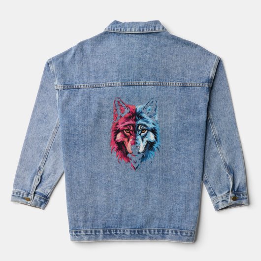 Dualiteit Wolf - Rode en Blauwe Geest Kunst Denim Jacket (Achterkant)