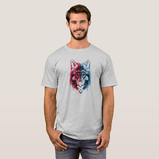 Dualiteit Wolf - Rode en Blauwe Geest Kunst T-shirt (Voorkant volledig)