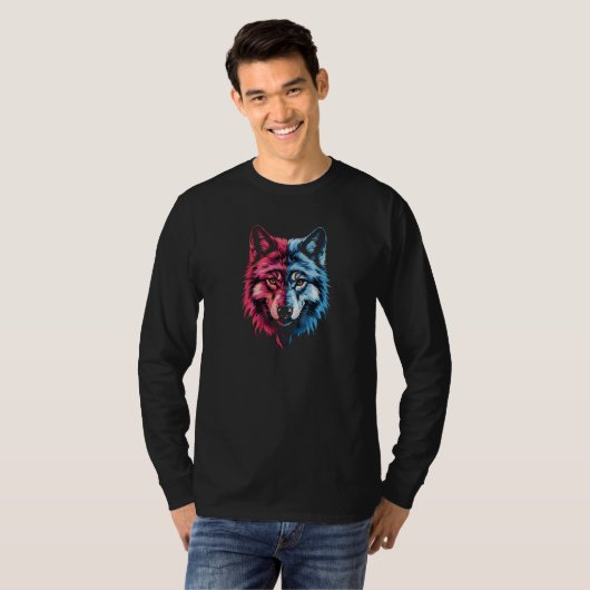 Dualiteit Wolf - Rode en Blauwe Geest Kunst T-shirt (Voorkant volledig)