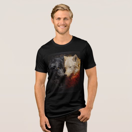 Duality Wolves – Black & White Spirit Art Tri-Blend Shirt (Voorkant volledig)
