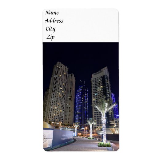Dubai architectuur bij nacht etiket (Voorkant)