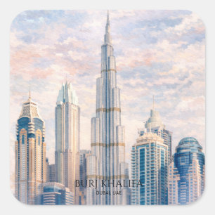 Dubai Burj Khalifa Luxe Stad Silhouet Aquarel Vierkante Sticker