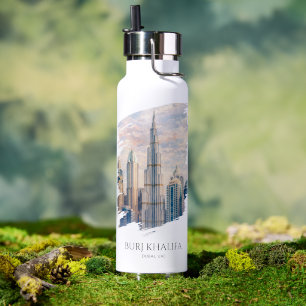 Dubai Burj Khalifa Luxe Stads Silhouet Aquarel Waterfles