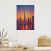 Dubai Burj Khalifa Pointillism Skyline Sunset Poster (Keuken)