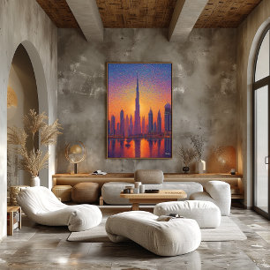 Dubai Burj Khalifa Pointillisme Silhouet Zonsonder Poster