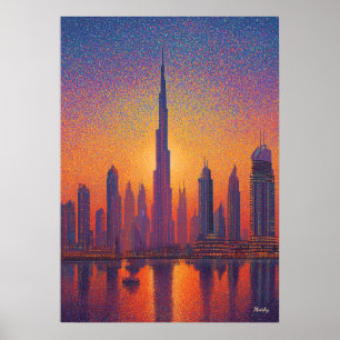Dubai Burj Khalifa Pointillisme Skyline Zonsonderg Poster