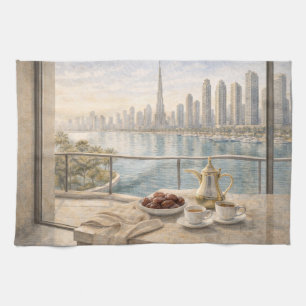 Dubai Keuken Aquarel met Burj Khalifa Ochtend Theedoek