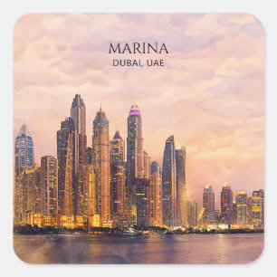 Dubai Marina Silhouet Aquarel Stadslichten Reizen Vierkante Sticker