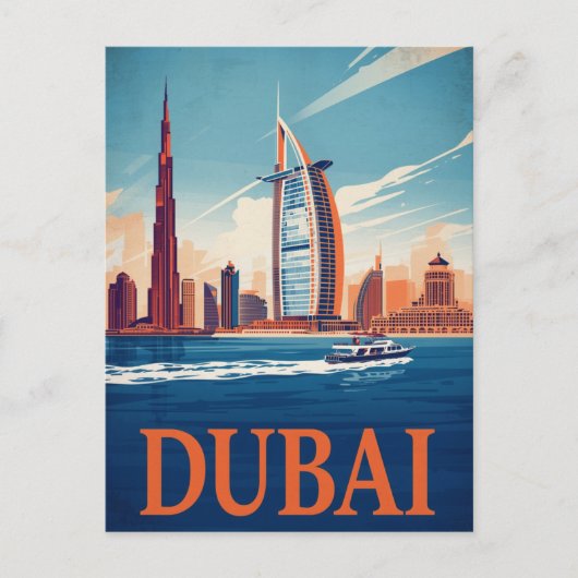 Dubai Marina Silhouet & Boot Retro Briefkaart (Voorkant)