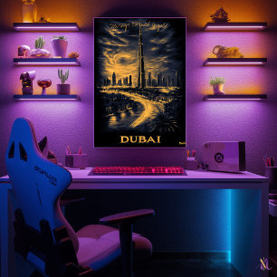 Dubai Silhouet - Houtskool Monochrome Kunst - Sted Poster